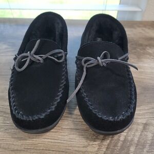 My Pillow My Slippers sz 11 Black Leather Faux Fur Lining Moccasins House Shoes